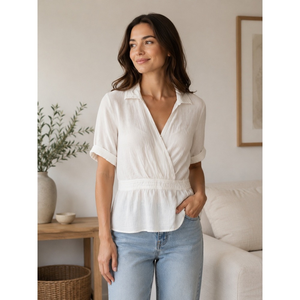 Brochu Walker White Textured Wrap Blouse CRM 3165 Short Sleeve XS